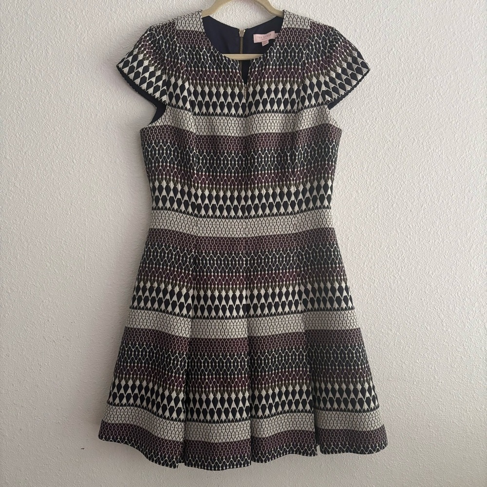 Ted Baker | Metallic Jacquard Skater Dress Cap Sleeve